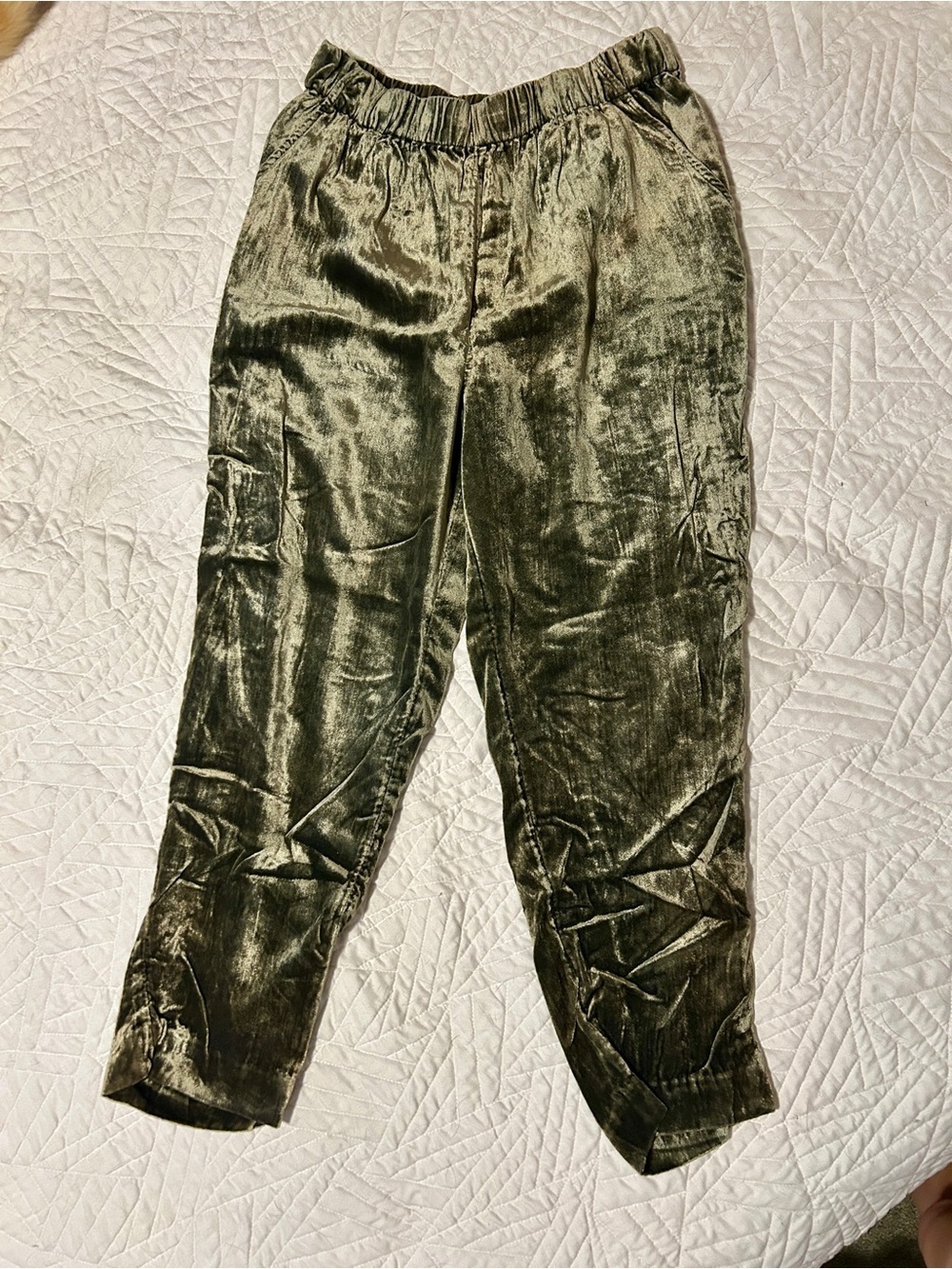 ETT:TWA by Anthropologie Olive Green Crushed Velvet Pants